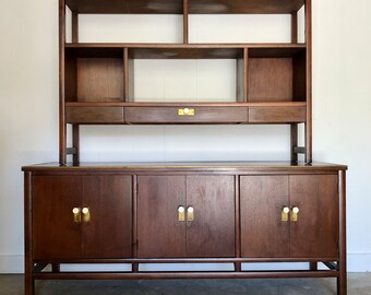 Mid Century Modern Walnut Two Piece Credenza Cabinet