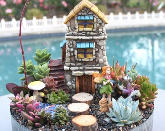 Large DIY Succulent Fairy Garden Gift Kit with Corrugated Zinc Container, Colorful Fairy Garden, Succulent Arrangement, Beautiful Gift
