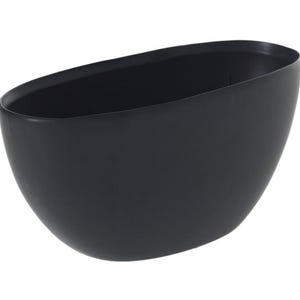 May include: A black, oval-shaped planter with a glossy finish. The planter has a smooth, curved design and a wide opening. The interior is dark, and the overall shape is reminiscent of a boat or a large bowl. The planter is suitable for indoor or outdoor use.