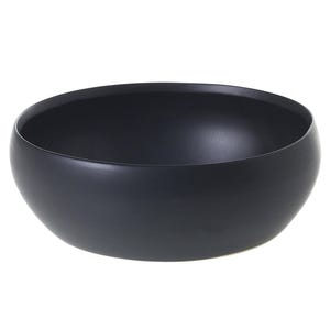 May include: A matte black bowl with a smooth, rounded design. The bowl has a wide opening and a deep interior, suitable for serving or display. The bowl's simple, modern aesthetic makes it a versatile piece for any home.