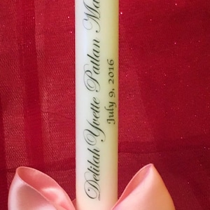 Personalized Baptismal Candles 10 inches 10 Personalized Ceremonial Baptism Candle with a bow, a charm. It's the perfect Baptism gift image 1