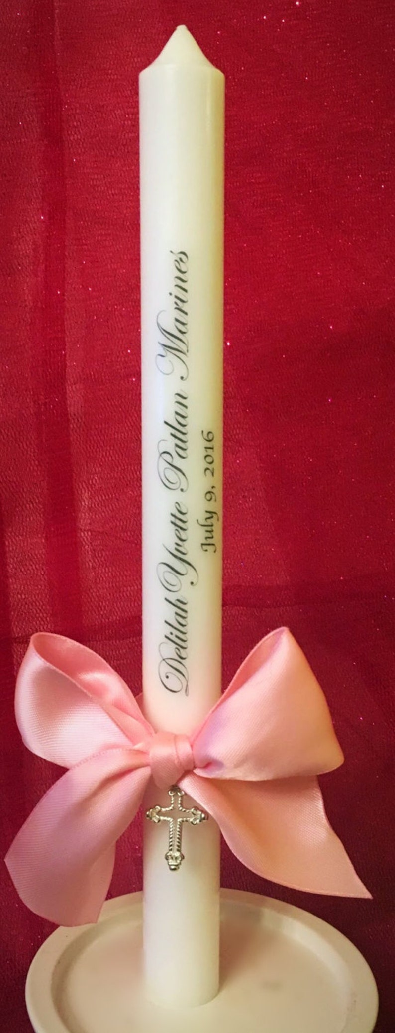 Personalized Baptismal Candles 10 inches 10 Personalized Ceremonial Baptism Candle with a bow, a charm. It's the perfect Baptism gift image 1