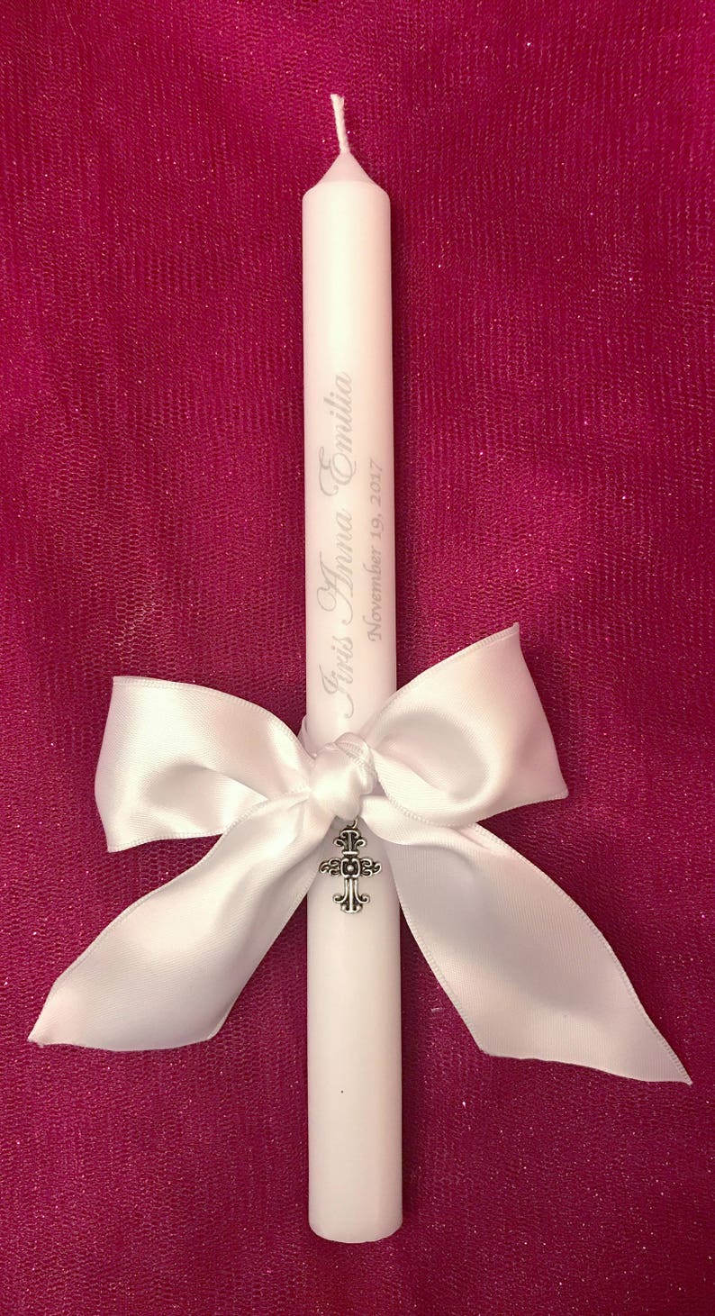 Personalized Baptismal Candles 10 inches 10 Personalized Ceremonial Baptism Candle with a bow, a charm. It's the perfect Baptism gift image 2