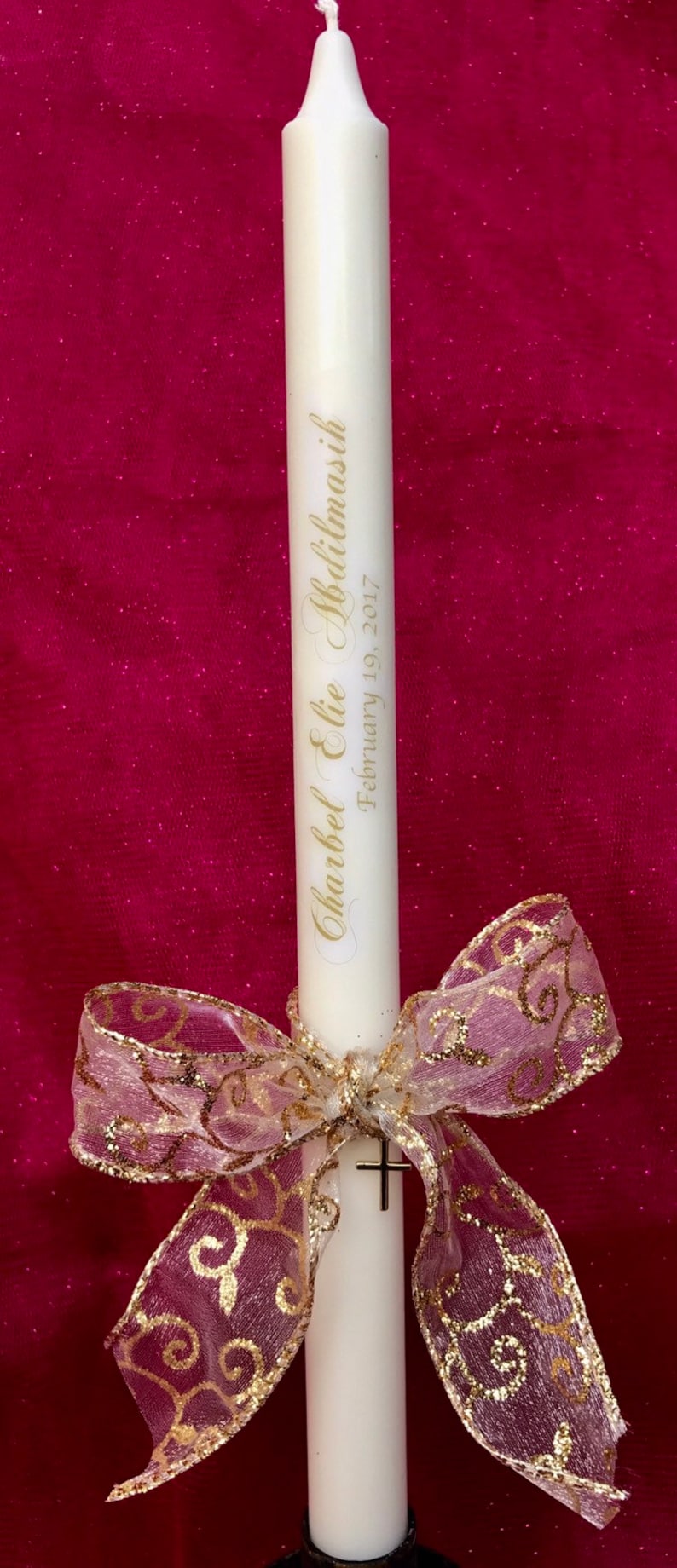 Personalized Baptismal Candles 10 inches 10 Personalized Ceremonial Baptism Candle with a bow, a charm. It's the perfect Baptism gift image 10