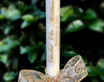 Personalized Baptismal Candles (14 inches) - Personalized Ceremonial Baptism Candle with a bow, a charm. It's the perfect Baptism gift