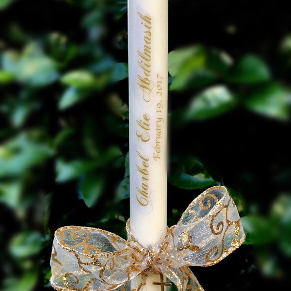 Personalized Baptismal Candles (14 inches) - Personalized Ceremonial Baptism Candle with a bow, a charm. It's the perfect Baptism gift