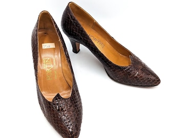 Vintage Jean Paul Fortin SNAKESKIN Caramel Leather Pumps Heels Designer Shoes 7