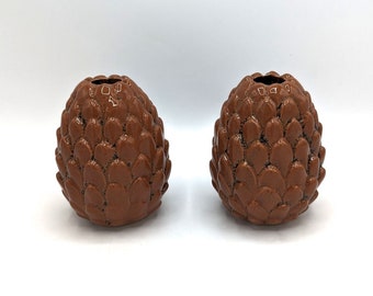 PAIR Ceramic Earthenware Pine Cone Taper Candle Holders Winter Christmas 5 Inch