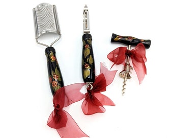 Vintage Hand Painted in Italy Hardwood Wooden Kitchen Utensil Set Wine Cheese