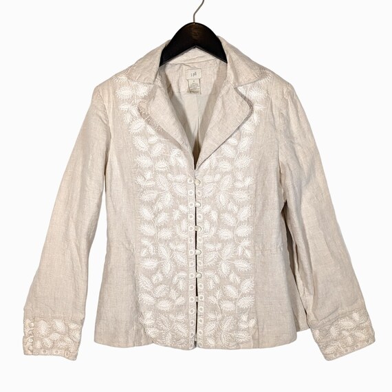 J Jill 100% Linen Cream Blazer Jacket Size 8 Embr… - image 1
