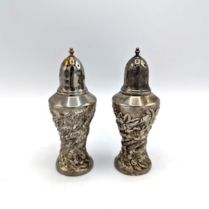 Ornate Victorian Salt & Pepper Shakers Silver Plate HEAVY Porcelain Well Floral