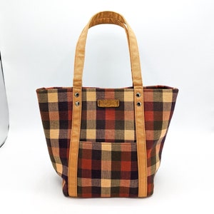 Longaberger Mini bolso clásico a cuadros de lona dorada con bolsillo frontal para el almuerzo y el hombro
