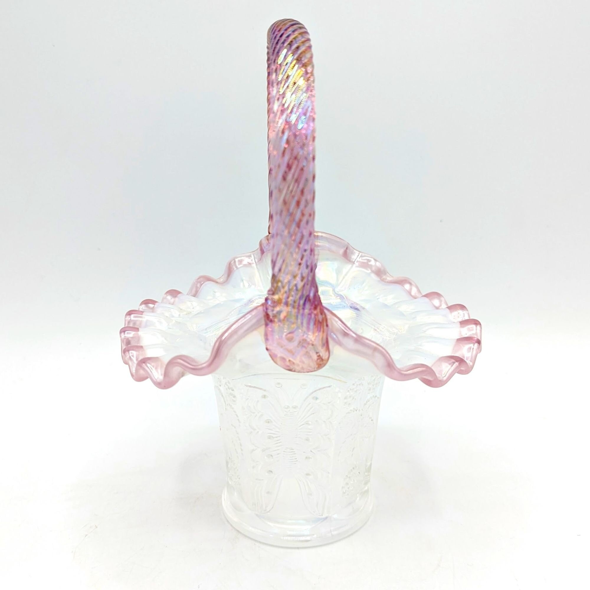 Vintage Fenton Glass Pink Ruffle Basket Opalescent Carnival Butterfly ...