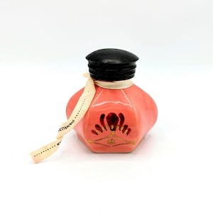 Antique Porcelain & Brass Inkwell Taper Holder Hand Painted Rose Gold Glaze Pot
