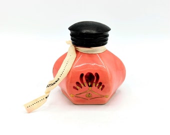 Antique Porcelain & Brass Inkwell Taper Holder Hand Painted Rose Gold Glaze Pot
