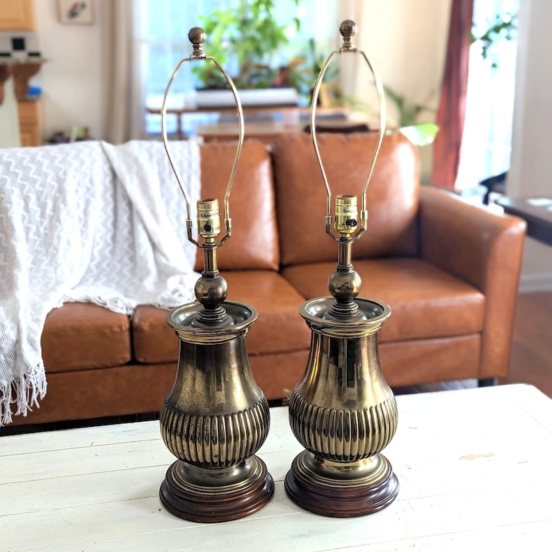 Ethan Allen Brass Urn Trophy Table Lamps True Vintage MCM Hollywood