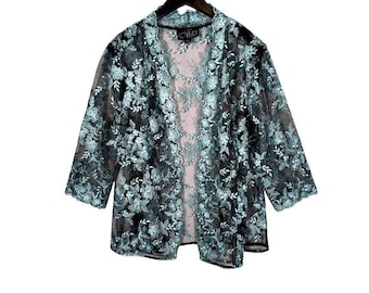 Alex Evenings Jacket Womens XL Blue Embroidered Floral Black Sheer Open Front