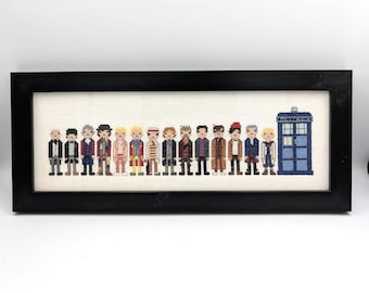 Arte de punto de cruz de Tardis enmarcado por Doctor Who, hecho a mano, de 17 x 7 pulgadas