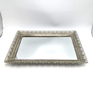 Vintage Ormolu Mirror Tray Gold Tone Filigree Ornate Roses Vanity Victorian 15&quot;