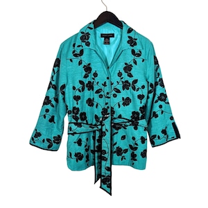 Women&#39;s Large Vintage SILK LAND 100% Silk Teal Green Blazer Jacket Floral Tie