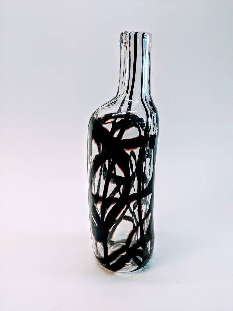 RARE Vintage Ikea FIRENZE Handmade Glass Vase Large 16" Black Purple Swirl