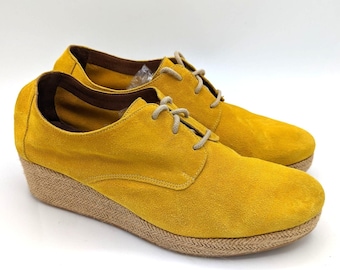 SESSUN Zapatos Oxford de yute con plataforma de piel nobuk amarillo mostaza para mujer, talla 6, cuña