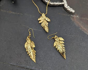 Bespoke Gold Dipped Fern Tip Leaf Necklace & Earrings Set Outer Banks NC Coastal