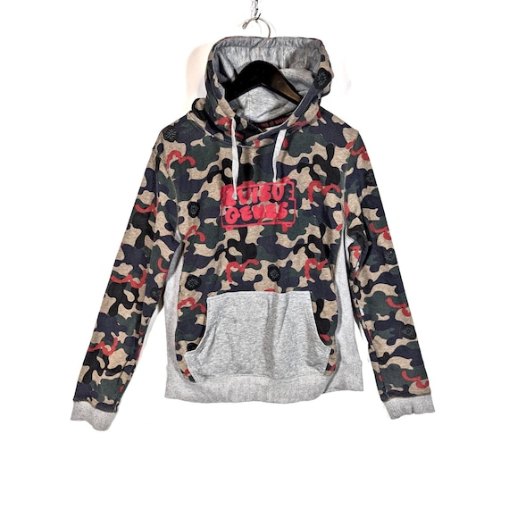 Evisu, EVISU Genes Vintage 90s Streetwear Hoodie Camo Cotton Red Womens L Men's M Sweat