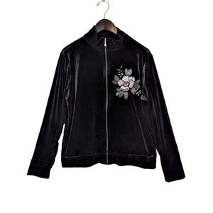 May include: Black velvet jacket with a floral embroidery on the left side. The jacket has a zipper closure and a stand-up collar.