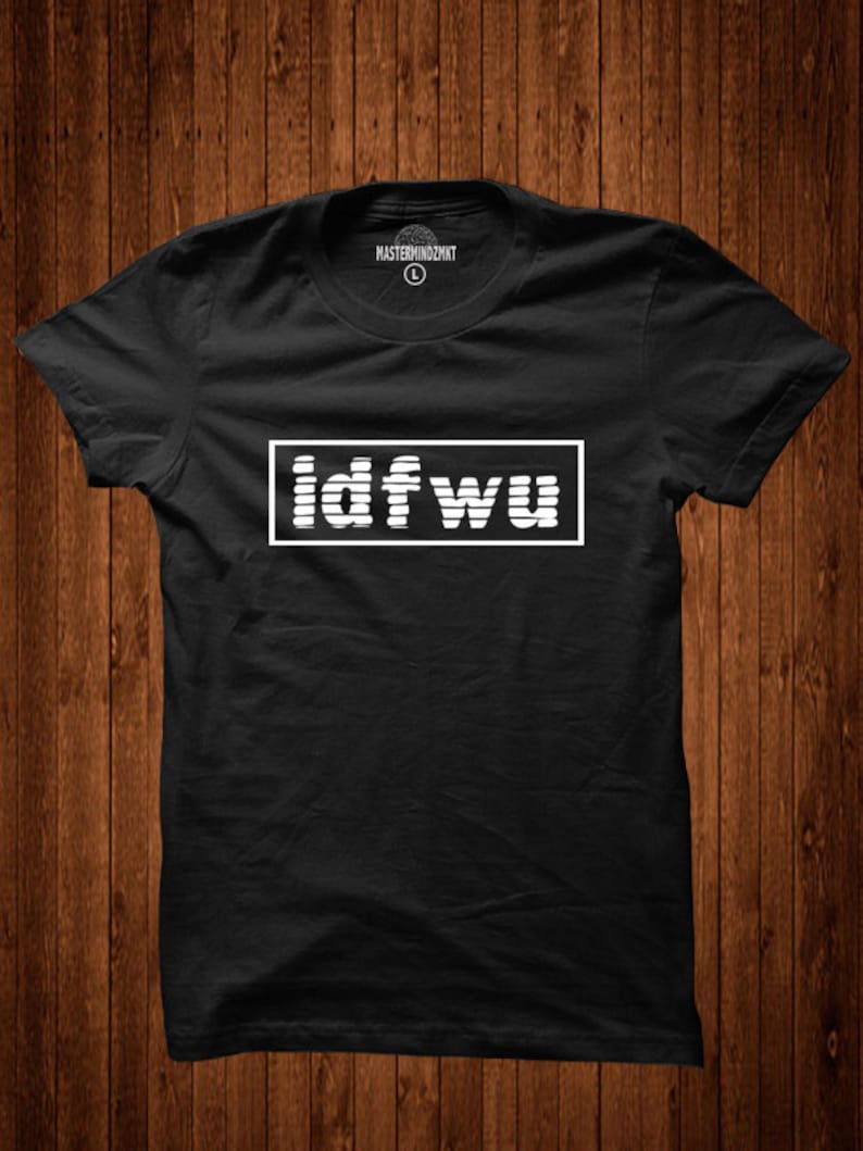 May include: Black t-shirt with a white graphic of the text "idfwu" in a rectangular box.