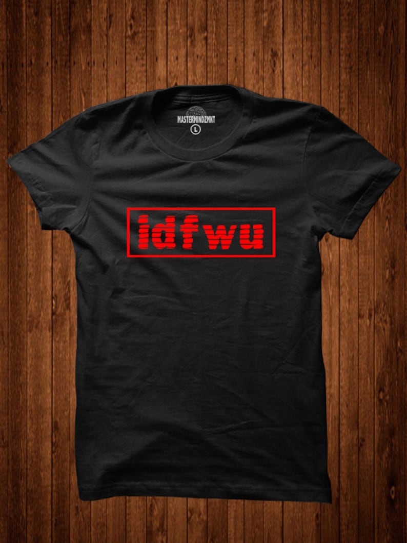 May include: Black t-shirt with a red graphic that says "idfwu" in a pixelated font.