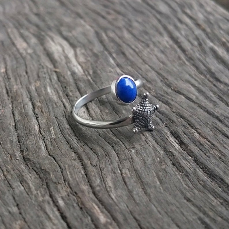 Silver Starfish Lapis Lazuli Adjustable Ring Nautical Ring Sea Star Open Starfish Ring Ocean Jewelry Beach Summer Jewelry image 3