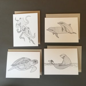 Ocean Animals Notecards - Set of 4 Cards - Recycled Paper