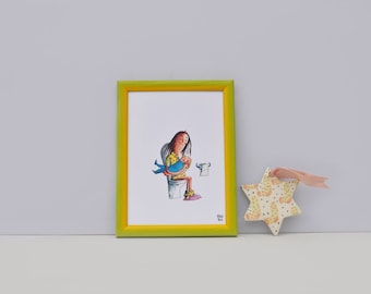 Illustrazione mamma allatta sul water stampa a colori quadro illustrato illustrazione infanzia acrilico stampa parete arte bambini