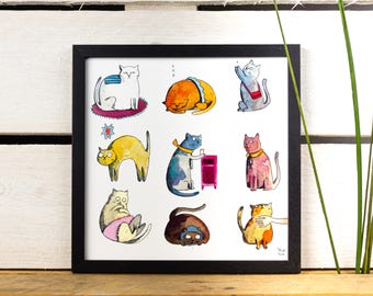 Katten illustratie woonkamer decoratie print kleuren geïllustreerd schilderij illustratie Acryl schilderij print muur kunst kattenliefhebbers