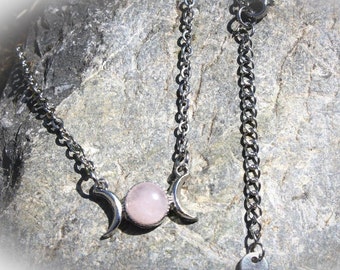 Triple moon and rose quartz stone necklace - Wicca necklace - wiccan necklace - pagan - Wicca jewelry - witch jewelry - Witch necklace