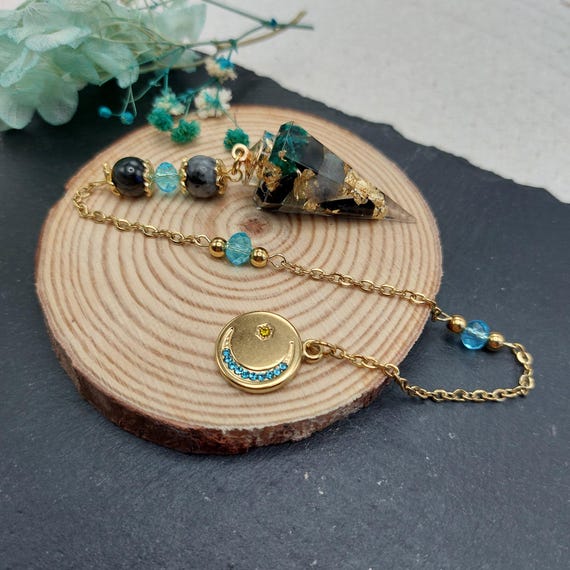 Pendule divinatoire "Luna", Labradorite, Obsidienne, Résine