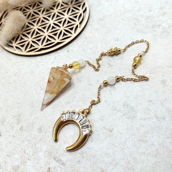 Pendule divinatoire Lune Dorée, Pierre de Lune, Citrine, Feuilles dorées