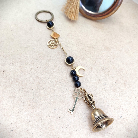 Cloche de sorcière Obsidienne Noire, Pentacle, Lune, Clé
