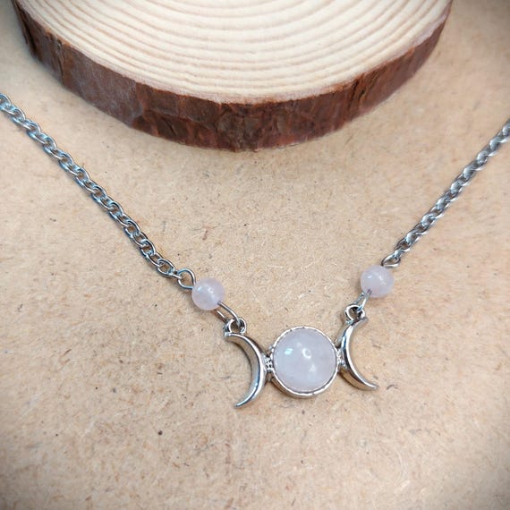 Collier triple lune quartz rose acier inoxydable
