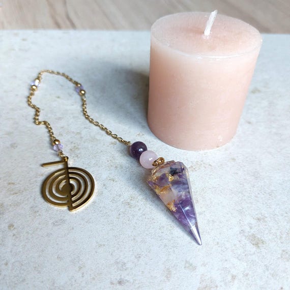 Pendule divinatoire améthyste et quartz Rose, Reiki Cho Ku Rei