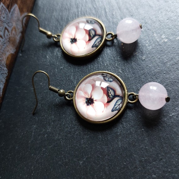 flower earrings and rose quartz pearl