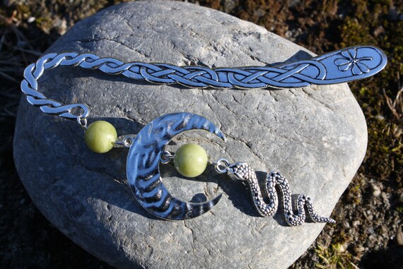 Snake and moon bookmark, jade pearls