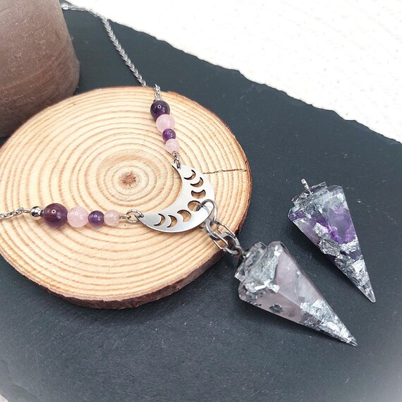 Collier Lunaria phases de la lune avec pointes interchangeables améthyste et quartz rose