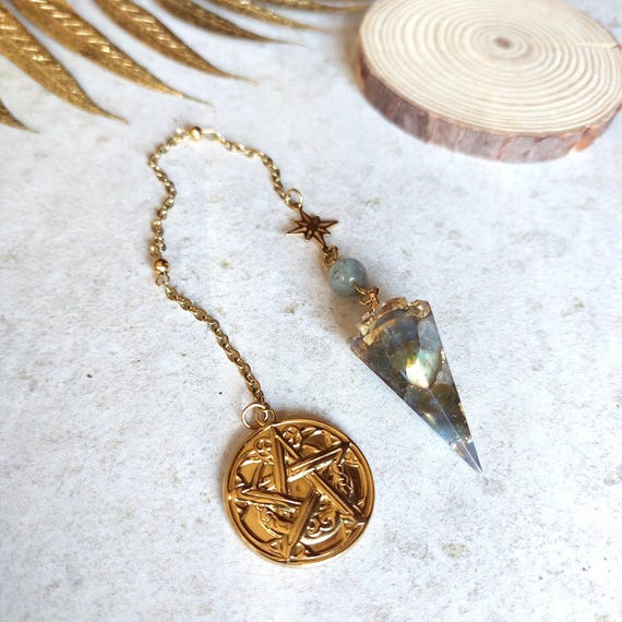 Pendule divinatoire labradorite, pentacle et étoile à 8 branches