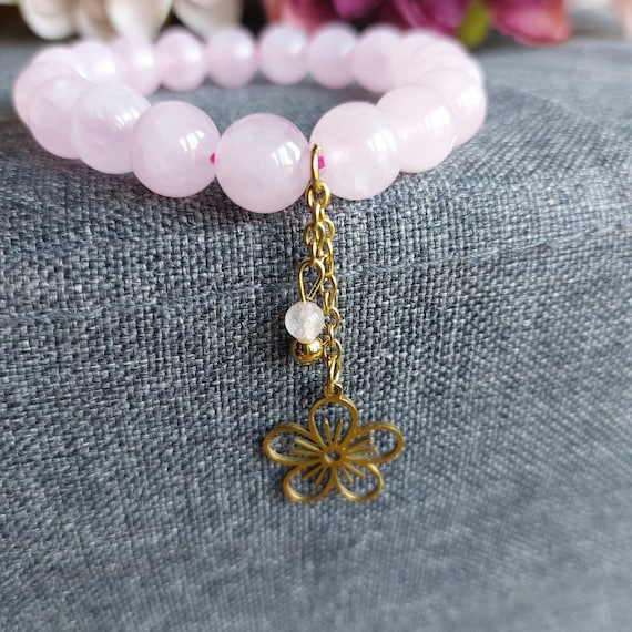 Bracelet quartz rose perles 10mm et fleur dorée
