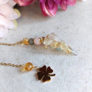Pendolo divinatorio con labradorite, citrino, quarzo rosa e trifoglio - pendolo portafortuna eterno, pendolo divinatorio in pietra