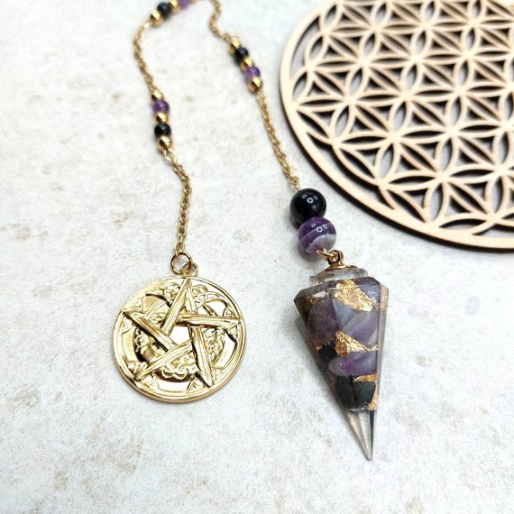 Pendule Divinatoire Pentacle, Améthyste, Obsidienne