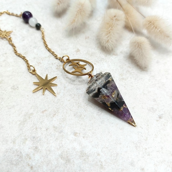 Pendule divinatoire Etoile de vérité, Améthyste, Cristal de roche, Obsidienne