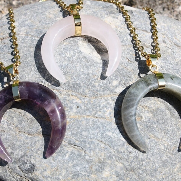 Collier lune en pierre naturelle - lune quartz rose - pendentif lune améthyste - lune Labradorite - pendentif corne pierre - croissant lune